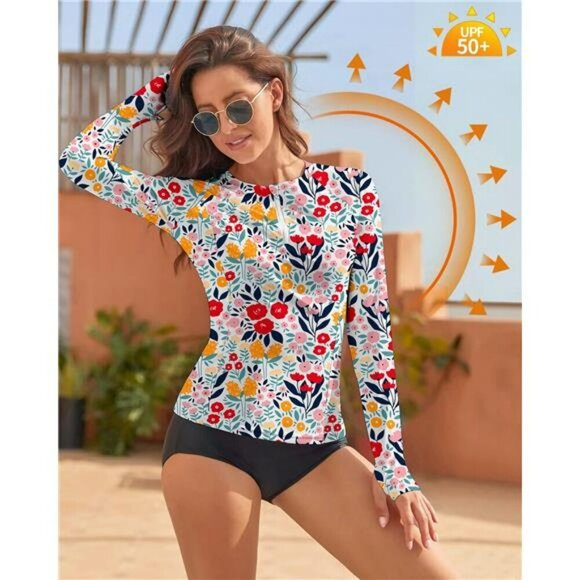 WOWENY Womens Rash Guard Long Sleeve UPF 50 Swim Shirt Zip Sun Protection - Picture 4 of 7